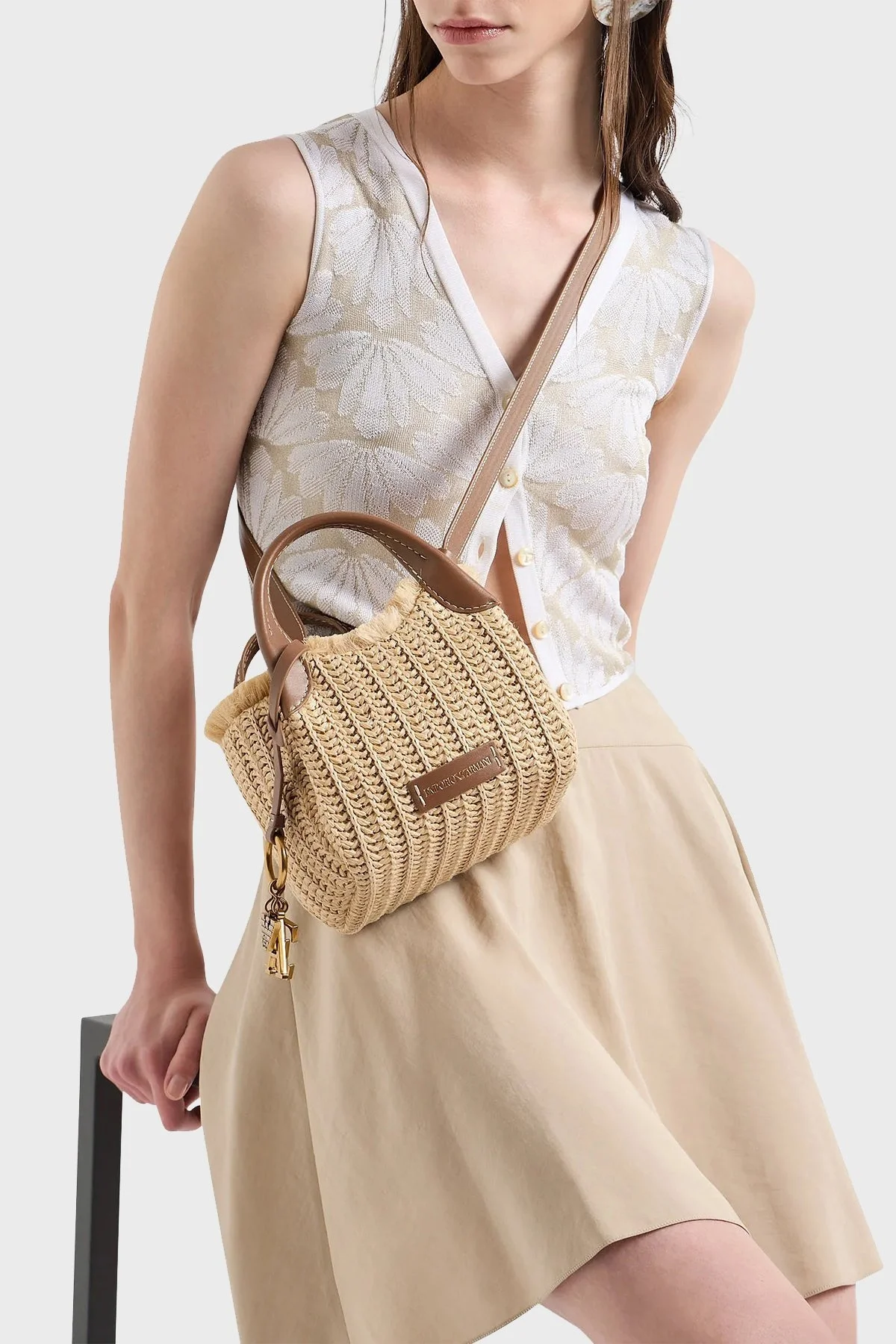 Emporio Armani Çıkarılabilir Askılı Hasır Bayan Çanta Y3D278 YWQ5D 80016 BEJ - 2