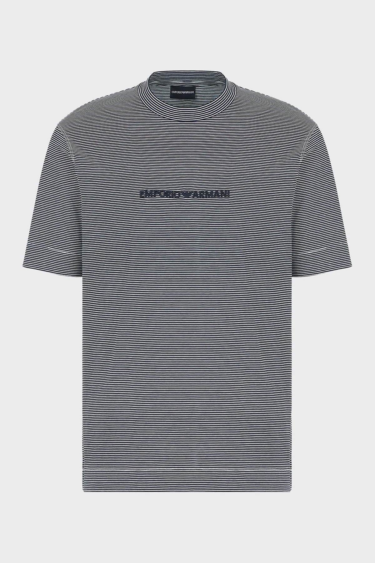 Emporio Armani Çizgili % 100 Pamuk Regular Fit Sıfır Yaka Erkek T Shirt EM000824 AF12927 F0088 LACİVERT-BEYAZ - 10