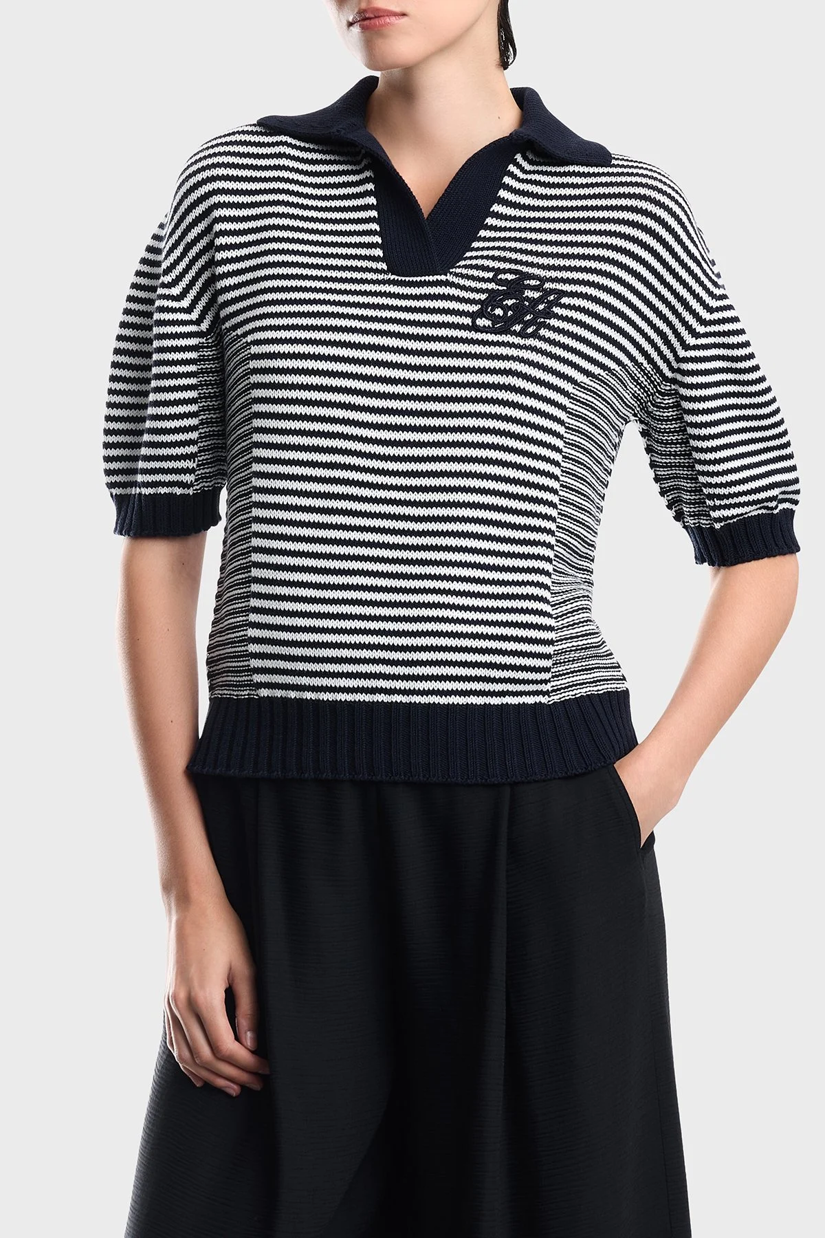 Emporio Armani Çizgili Pamuklu Kısa Kollu Kadın Polo EW005020 AF27238 FB056 Mavi - 1