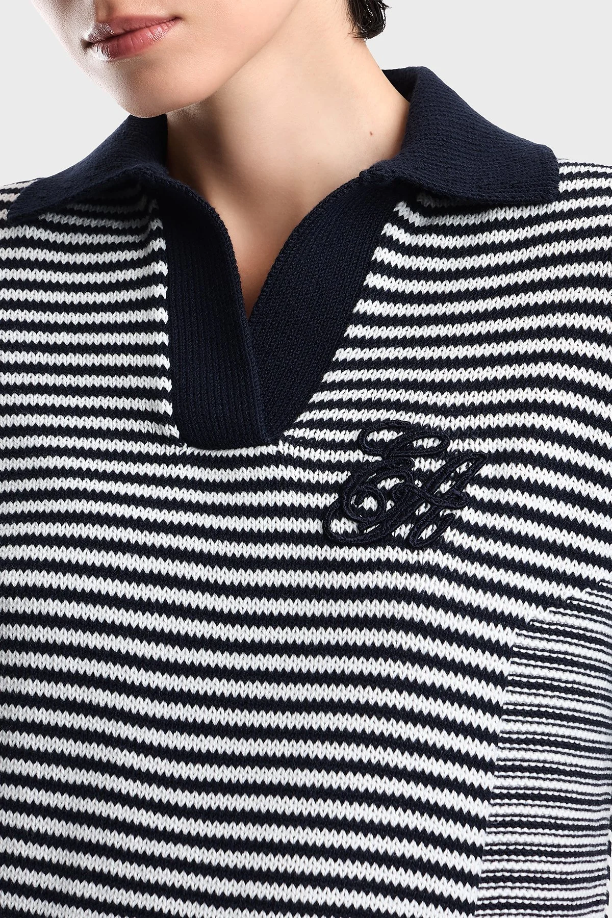 Emporio Armani Çizgili Pamuklu Kısa Kollu Kadın Polo EW005020 AF27238 FB056 Mavi - 5