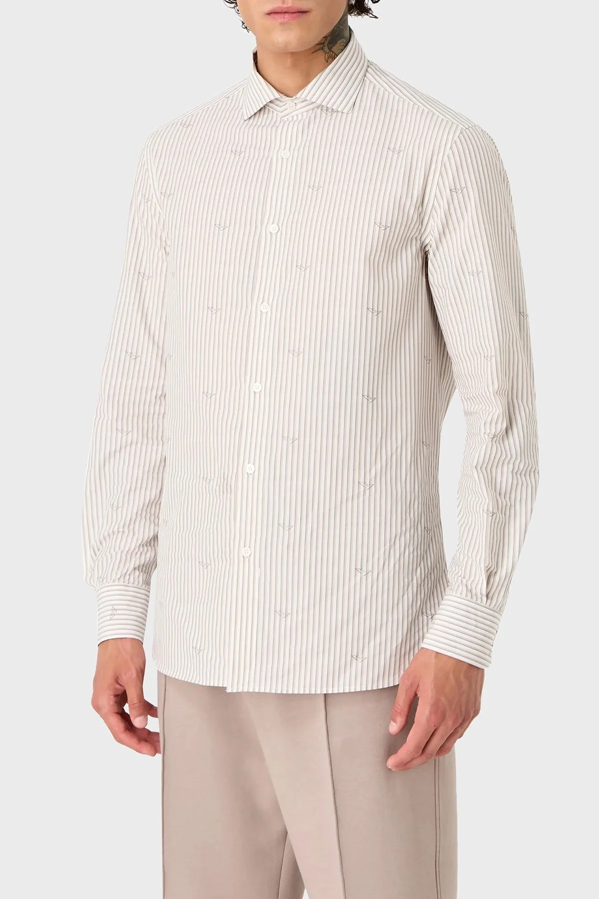 Emporio Armani Çizgili Pamuklu Regular Fit Erkek Gömlek 3D1C86 1K3LZ F1H1 BEJ - 1
