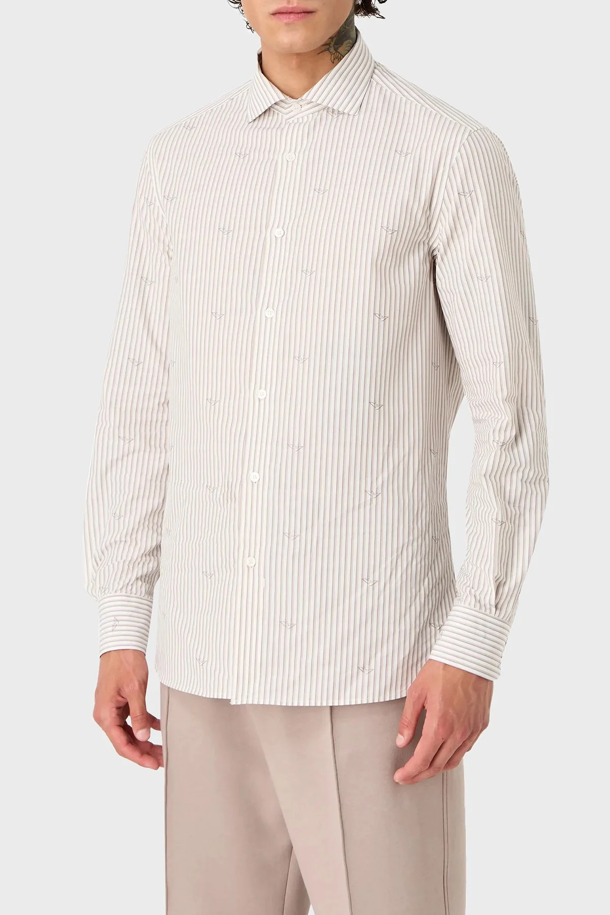 Emporio Armani Çizgili Pamuklu Regular Fit Erkek Gömlek 3D1C86 1K3LZ F1H1 BEJ - 1