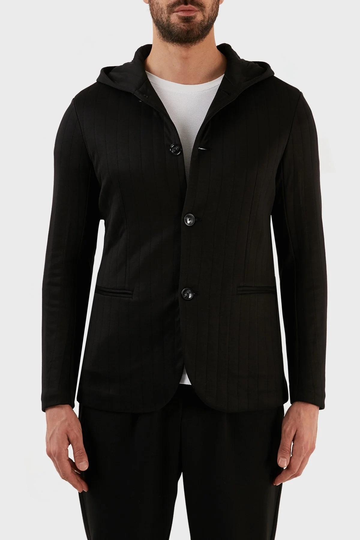 Emporio Armani Çizgili Regular Fit Kapüşonlu Spor Erkek Ceket 3R1GL6 1JIQZ 0999 SİYAH - 1