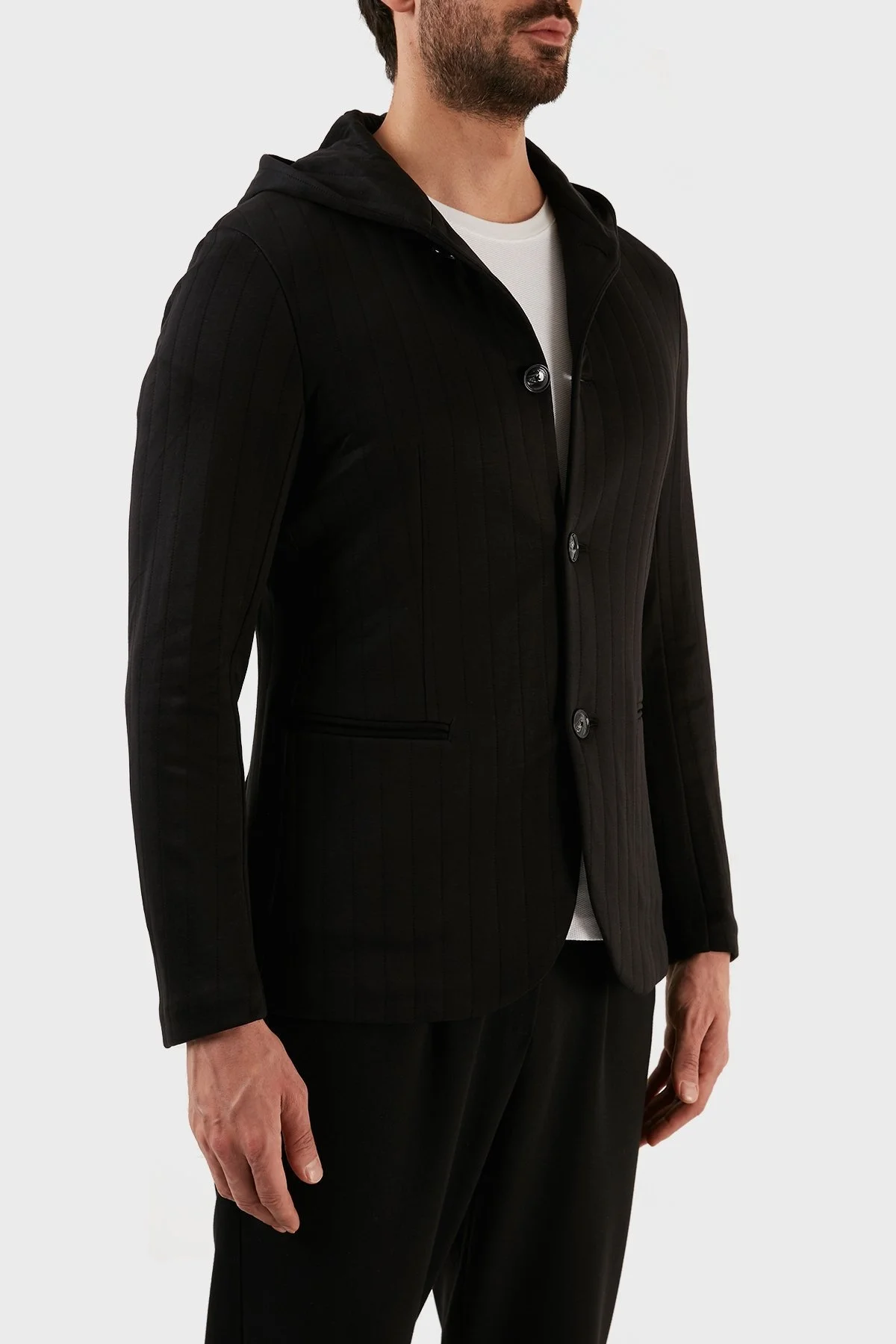 Emporio Armani Çizgili Regular Fit Kapüşonlu Spor Erkek Ceket 3R1GL6 1JIQZ 0999 SİYAH - 2