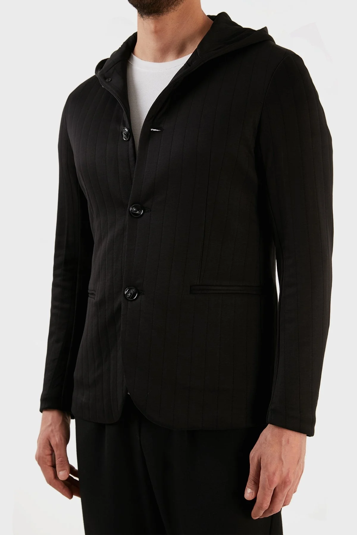 Emporio Armani Çizgili Regular Fit Kapüşonlu Spor Erkek Ceket 3R1GL6 1JIQZ 0999 SİYAH - 3