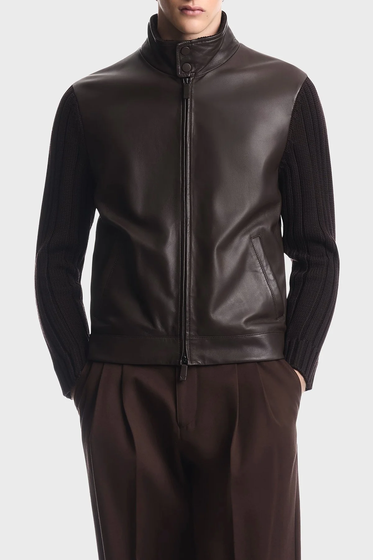 Emporio Armani Deri Dik Yaka Fermuarlı Erkek Ceket EM007276 AF29262 U6029 Koyu kahve - 1