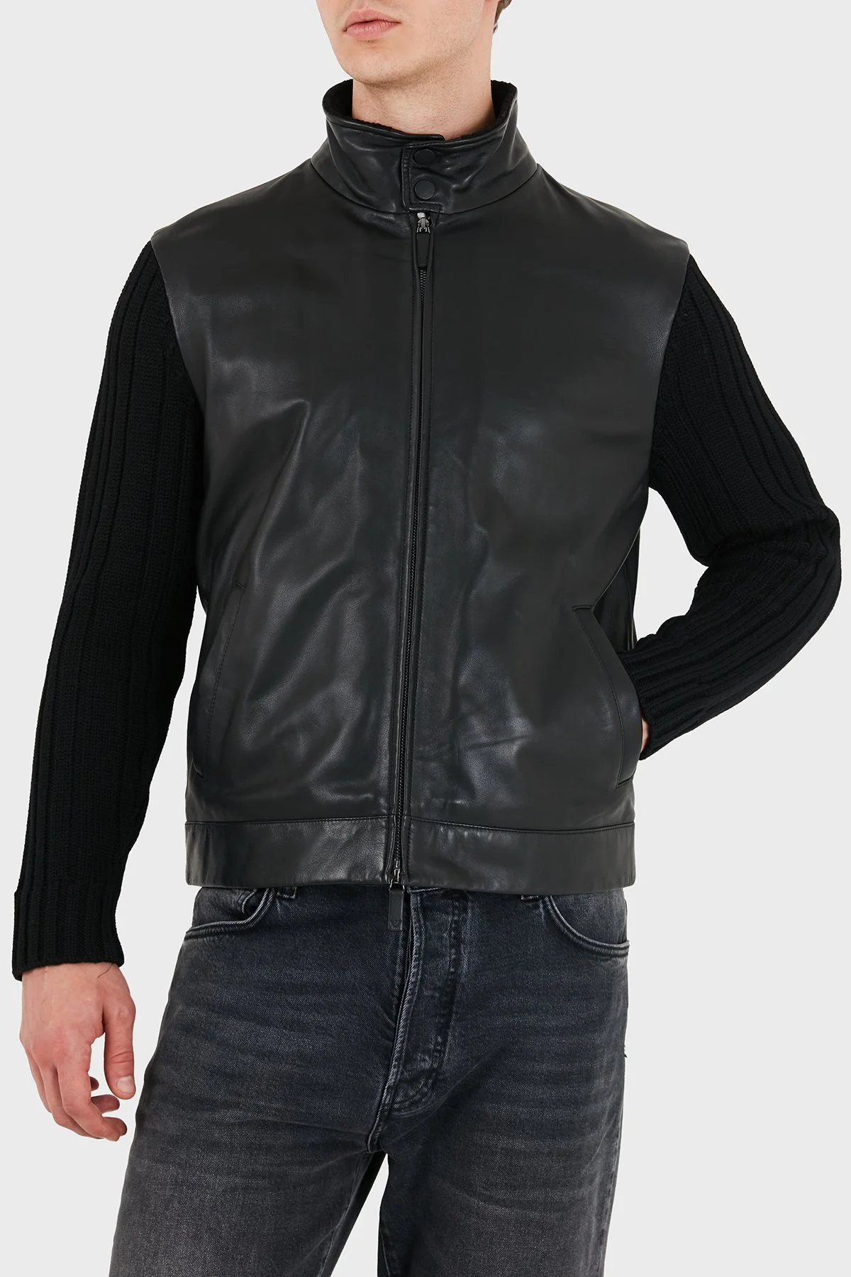 Emporio Armani Deri Dik Yaka Fermuarlı Erkek Ceket EM007276 AF29262 UC001 Siyah - 1
