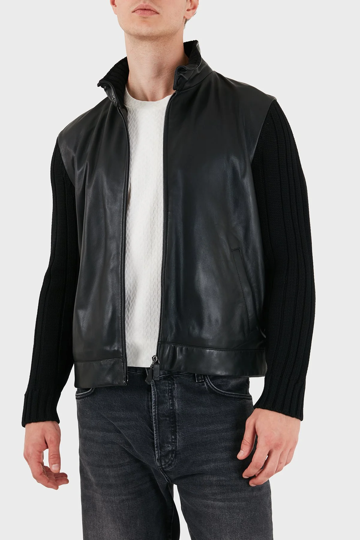 Emporio Armani Deri Dik Yaka Fermuarlı Erkek Ceket EM007276 AF29262 UC001 Siyah - 4