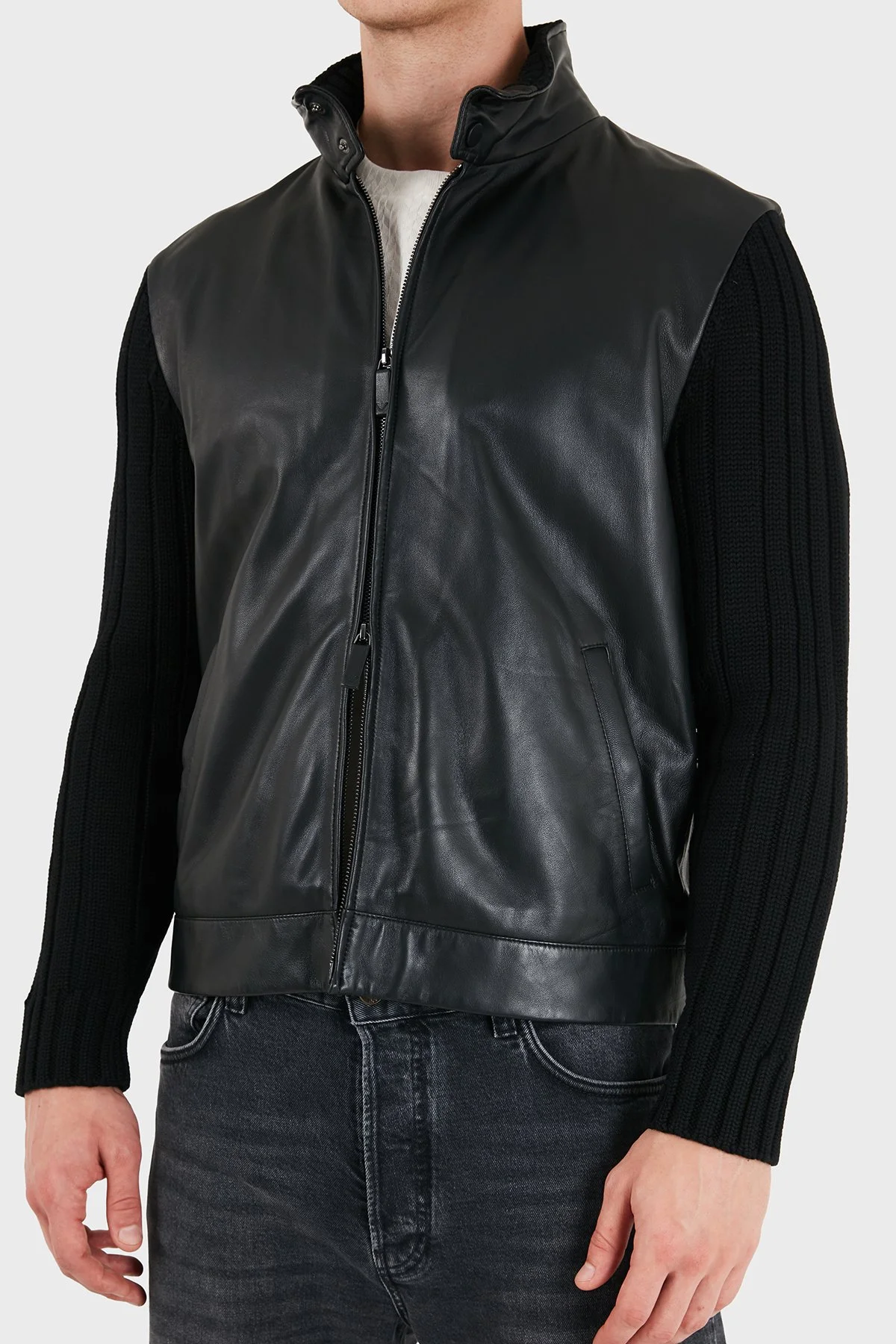 Emporio Armani Deri Dik Yaka Fermuarlı Erkek Ceket EM007276 AF29262 UC001 Siyah - 5