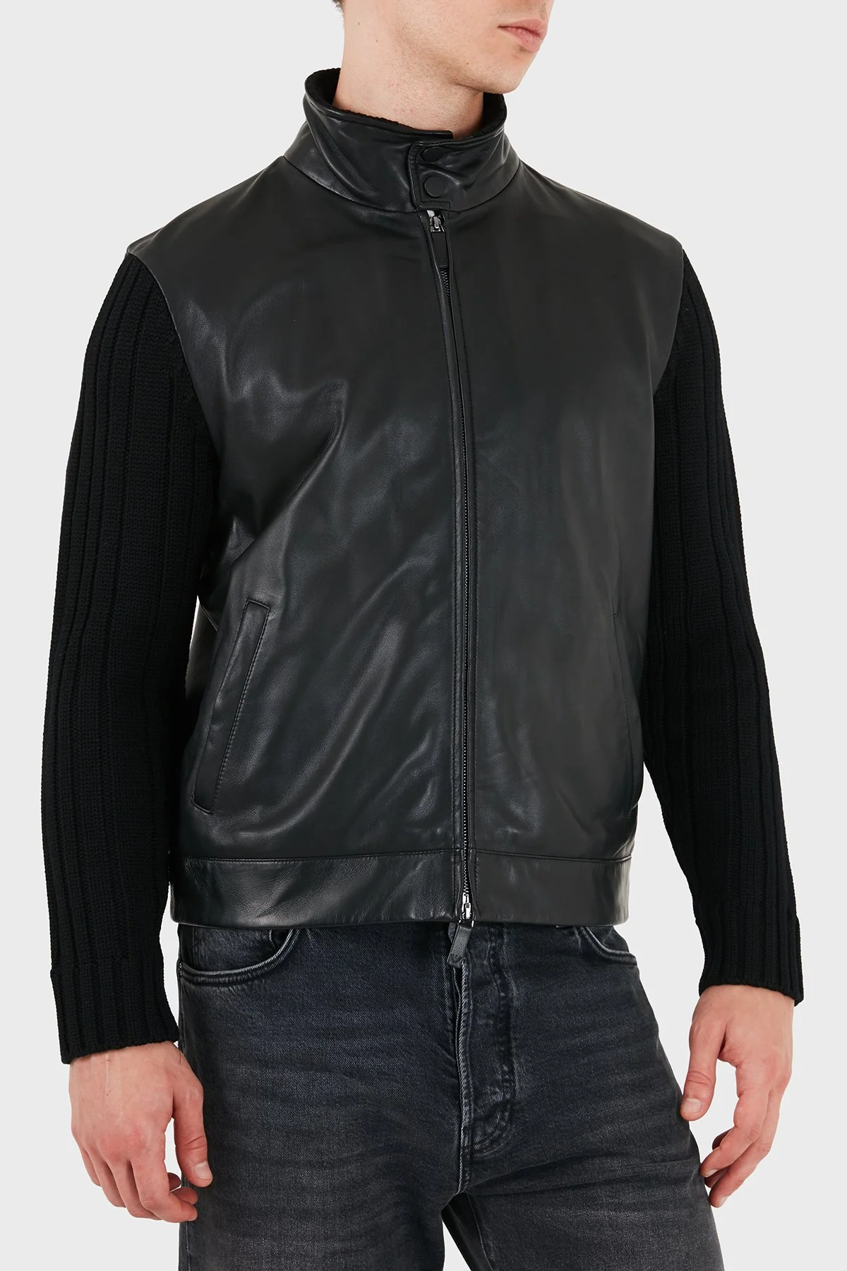 Emporio Armani Deri Dik Yaka Fermuarlı Erkek Ceket EM007276 AF29262 UC001 Siyah - 6