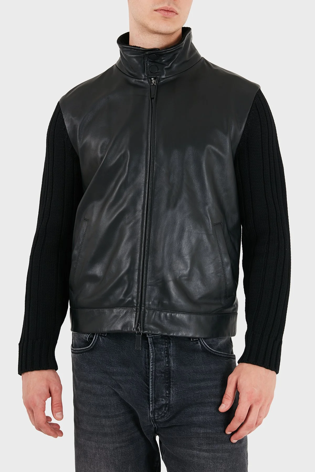 Emporio Armani Deri Dik Yaka Fermuarlı Erkek Ceket EM007276 AF29262 UC001 Siyah - 7