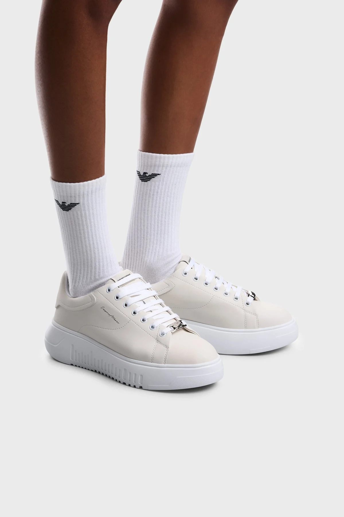 Emporio Armani Deri Karışımlı Logolu Sneaker Kadın Ayakkabı EW004804 AF24783 U0012 EKRU - 2
