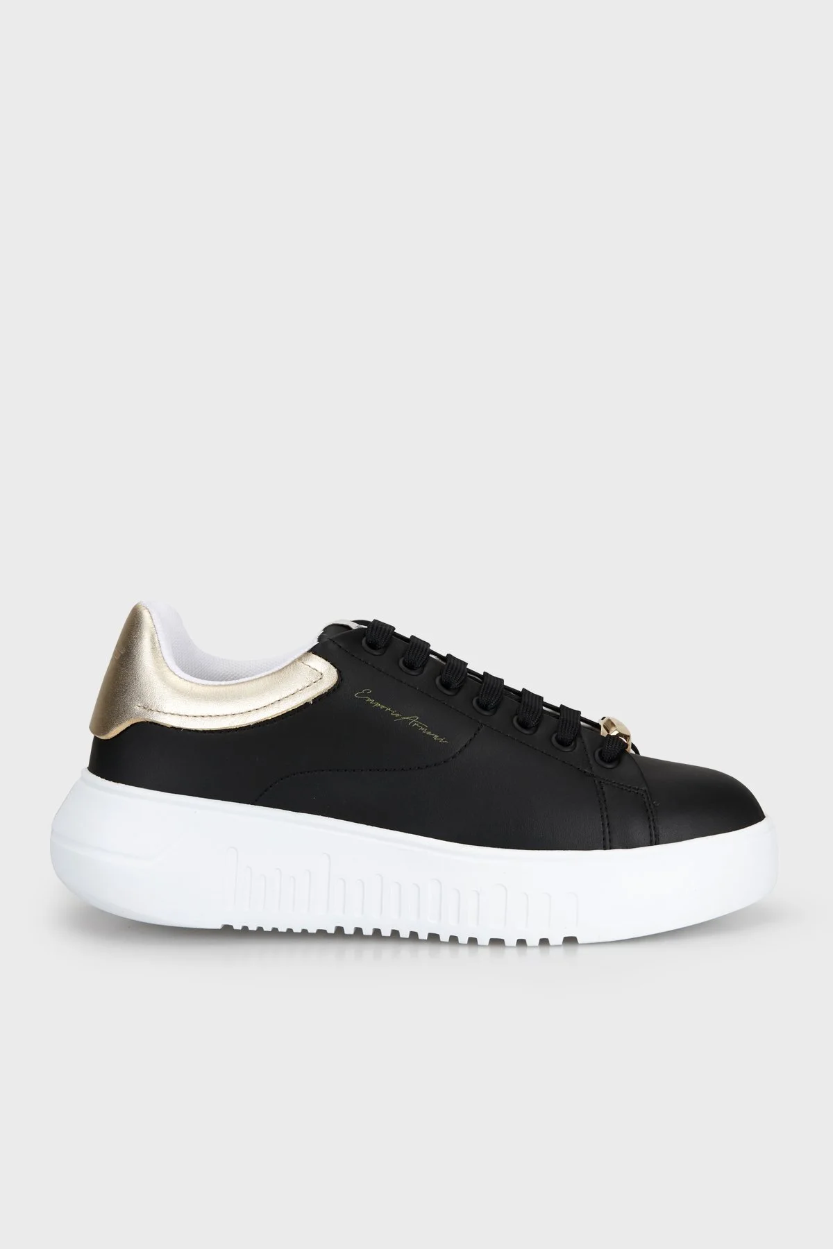 Emporio Armani Deri Logolu Bağcıklı Sneaker Kadın Ayakkabı EW004804 AF30219 MC726 Siyah-gold - 1
