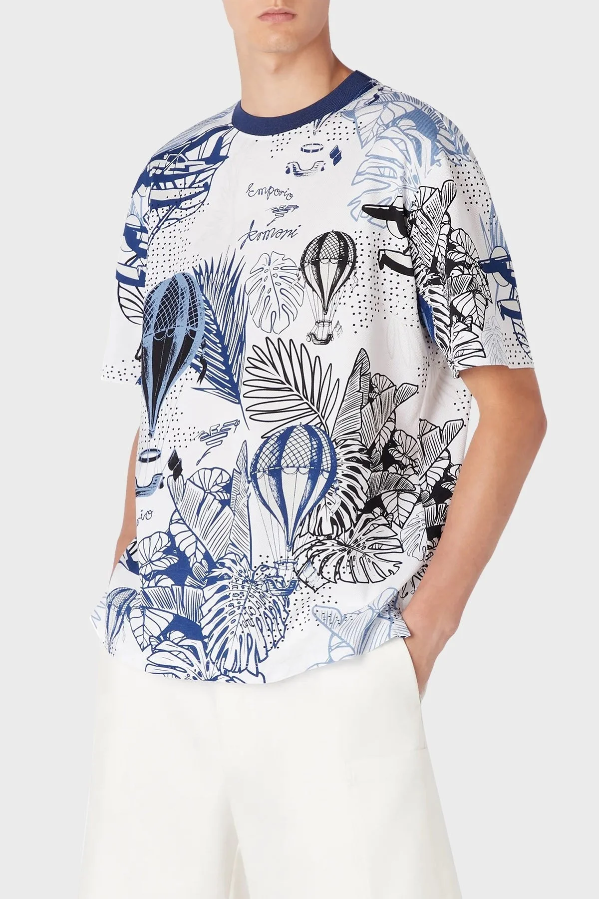 Emporio Armani Desenli % 100 Pamuk Bisiklet Yaka Regular Fit Erkek T Shirt 6R1T8P 1J7EZ F116 BEYAZ-LACİVERT - 1