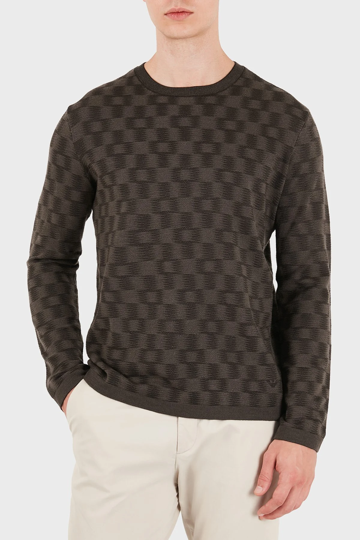 Emporio Armani Desenli % 100 Yün Bisiklet Yaka Erkek Kazak EM006276 AF29848 F6030 Kahve - 1