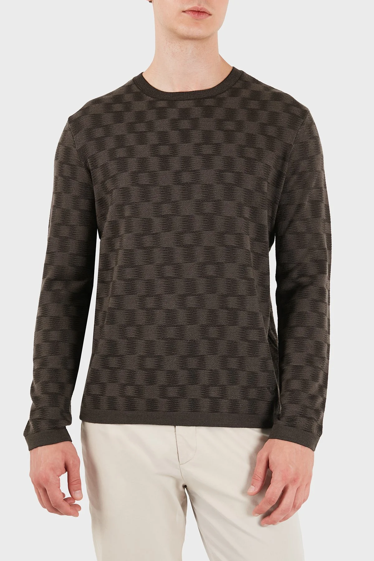 Emporio Armani Desenli % 100 Yün Bisiklet Yaka Erkek Kazak EM006276 AF29848 F6030 Kahve - 4