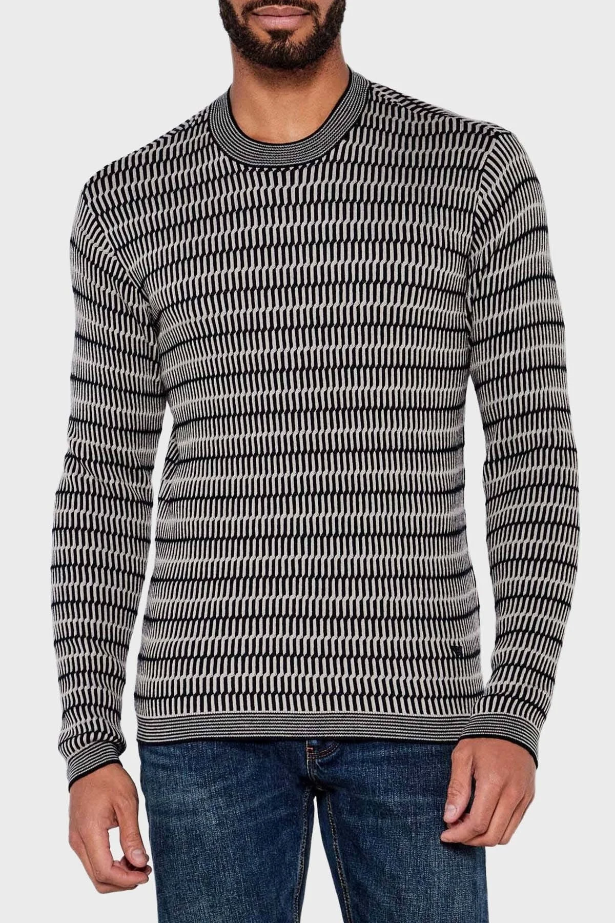 Emporio Armani Desenli % 100 Yün Regular Fit Bisiklet Yaka Erkek Kazak EM002194 AF14195 FC101 SİYAH - 1