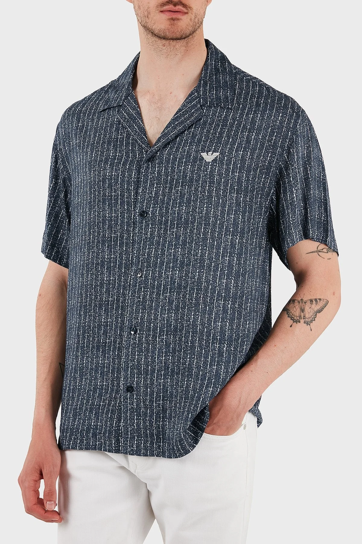 Emporio Armani Desenli Comfort Fit Apaş Yaka Kısa Kollu Erkek Gömlek EM000593 AF12351 FB183 MAVİ-BEYAZ - 4