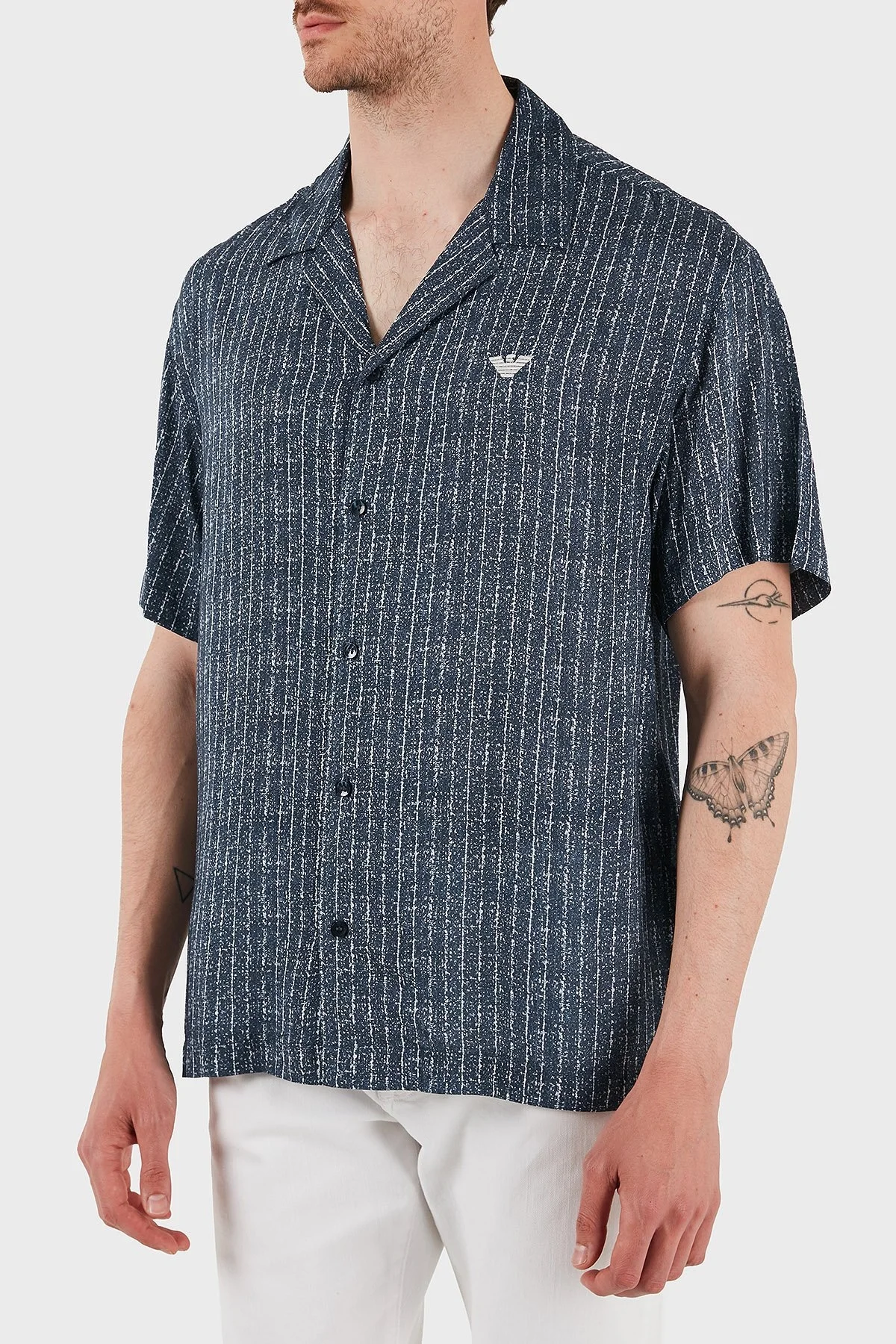 Emporio Armani Desenli Comfort Fit Apaş Yaka Kısa Kollu Erkek Gömlek EM000593 AF12351 FB183 MAVİ-BEYAZ - 5