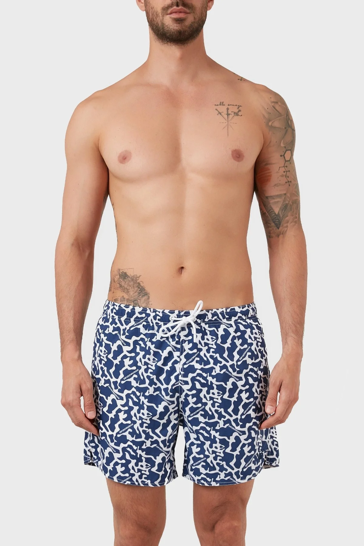 Emporio Armani Desenli Deniz Şortu Belden Bağlamalı Cepli Erkek Mayo Short 211740 2R444 91635 MAVİ - 1