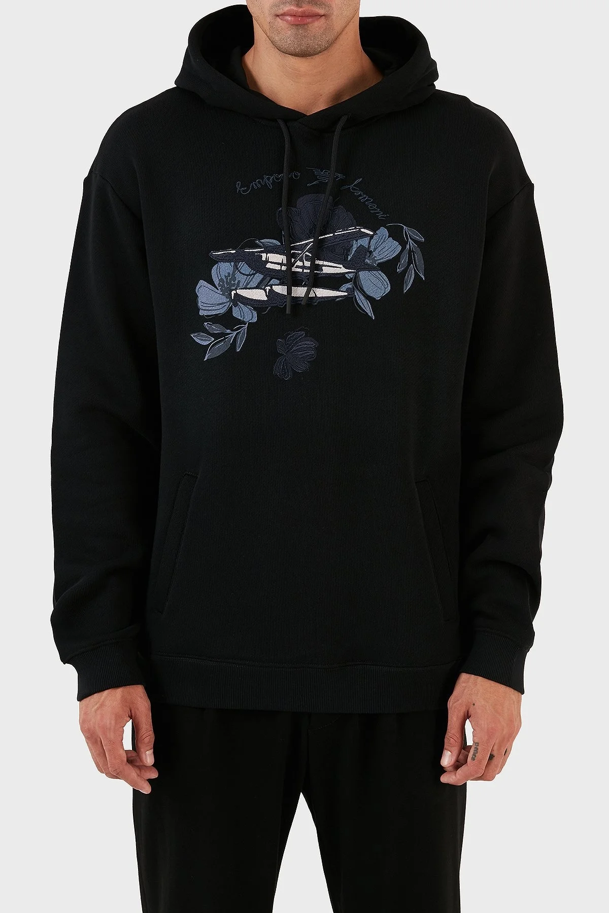 Emporio Armani Desenli Kanguru Cepli % 100 Pamuk Kapüşonlu Relaxed Fit Erkek Sweat 6R1M8P 1J7DZ 0041 SİYAH - 7