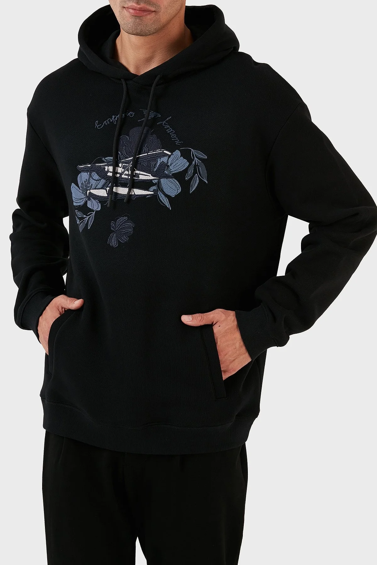 Emporio Armani Desenli Kanguru Cepli % 100 Pamuk Kapüşonlu Relaxed Fit Erkek Sweat 6R1M8P 1J7DZ 0041 SİYAH - 12