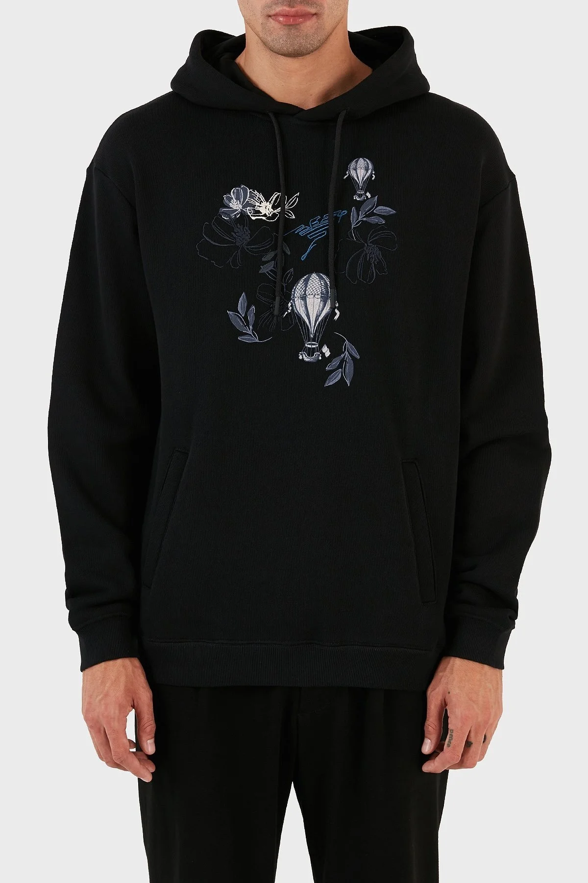 Emporio Armani Desenli Kanguru Cepli % 100 Pamuk Kapüşonlu Relaxed Fit Erkek Sweat 6R1M8P 1J7DZ 0042 SİYAH - 7