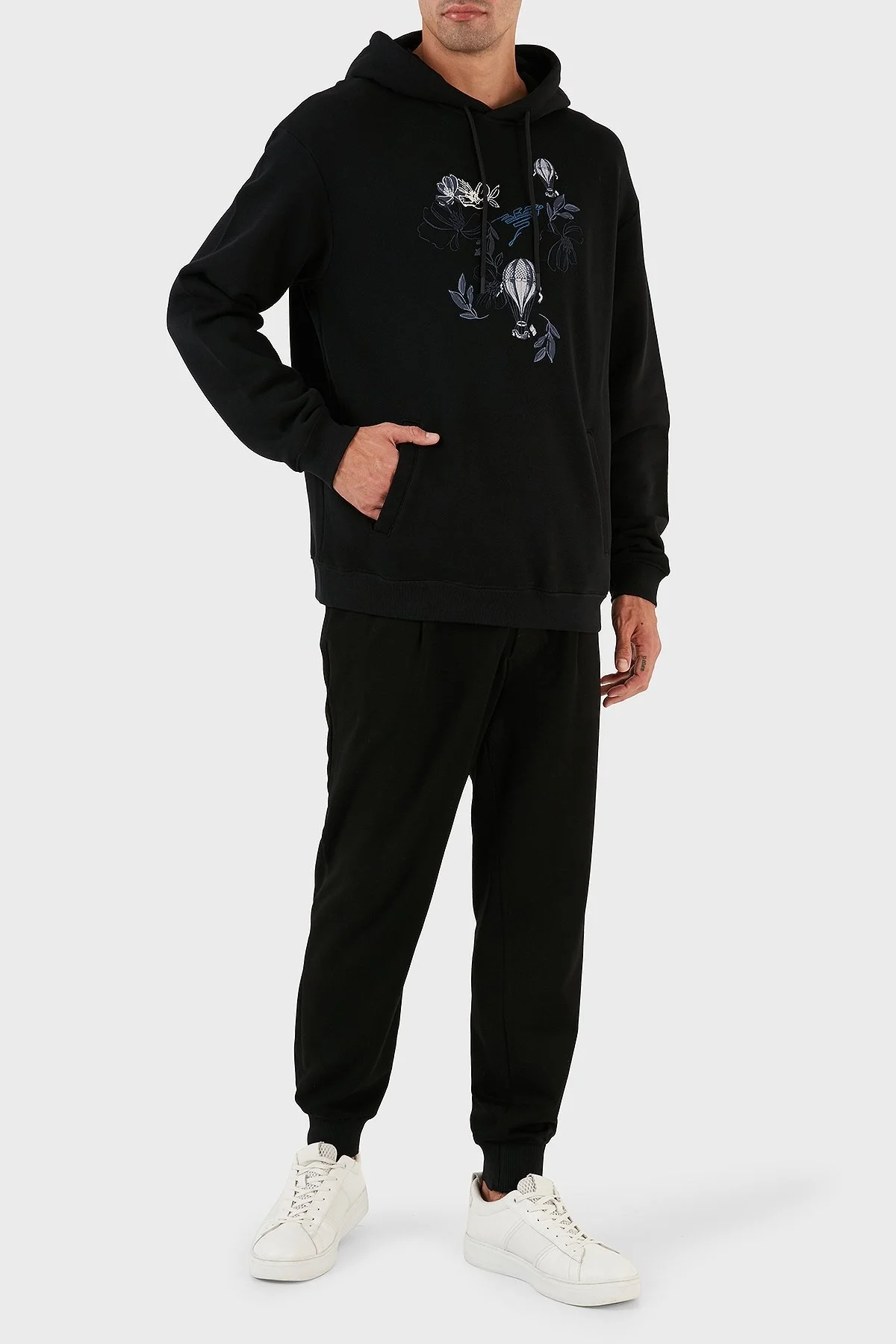 Emporio Armani Desenli Kanguru Cepli % 100 Pamuk Kapüşonlu Relaxed Fit Erkek Sweat 6R1M8P 1J7DZ 0042 SİYAH - 10