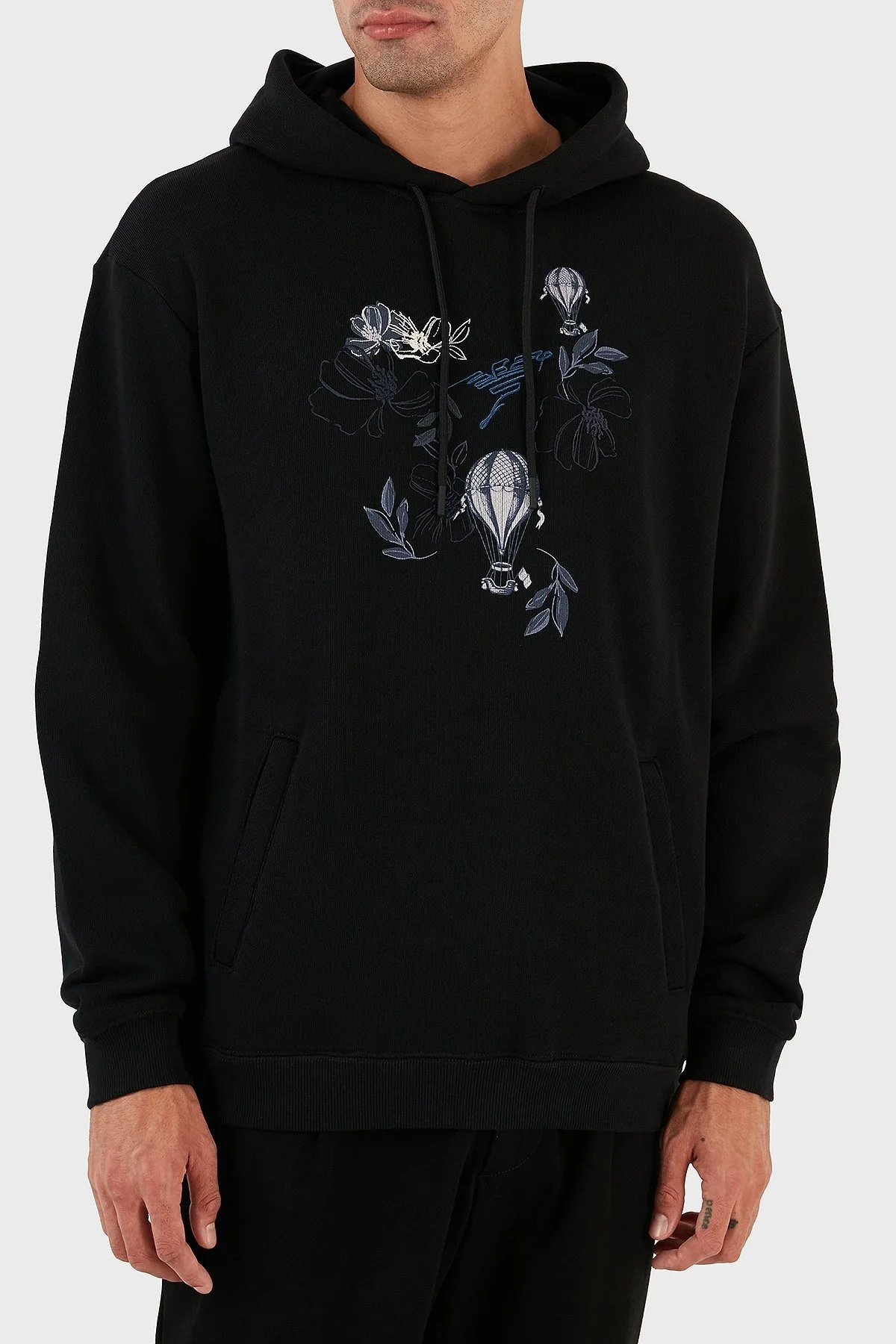 Emporio Armani Desenli Kanguru Cepli % 100 Pamuk Kapüşonlu Relaxed Fit Erkek Sweat 6R1M8P 1J7DZ 0042 SİYAH - 12