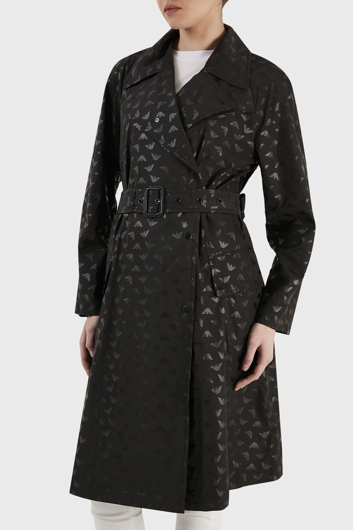 Emporio Armani Desenli Kruvaze Yaka Çantalı Bayan Trençkot 3R2L62 2NKZZ F015 SİYAH - 1