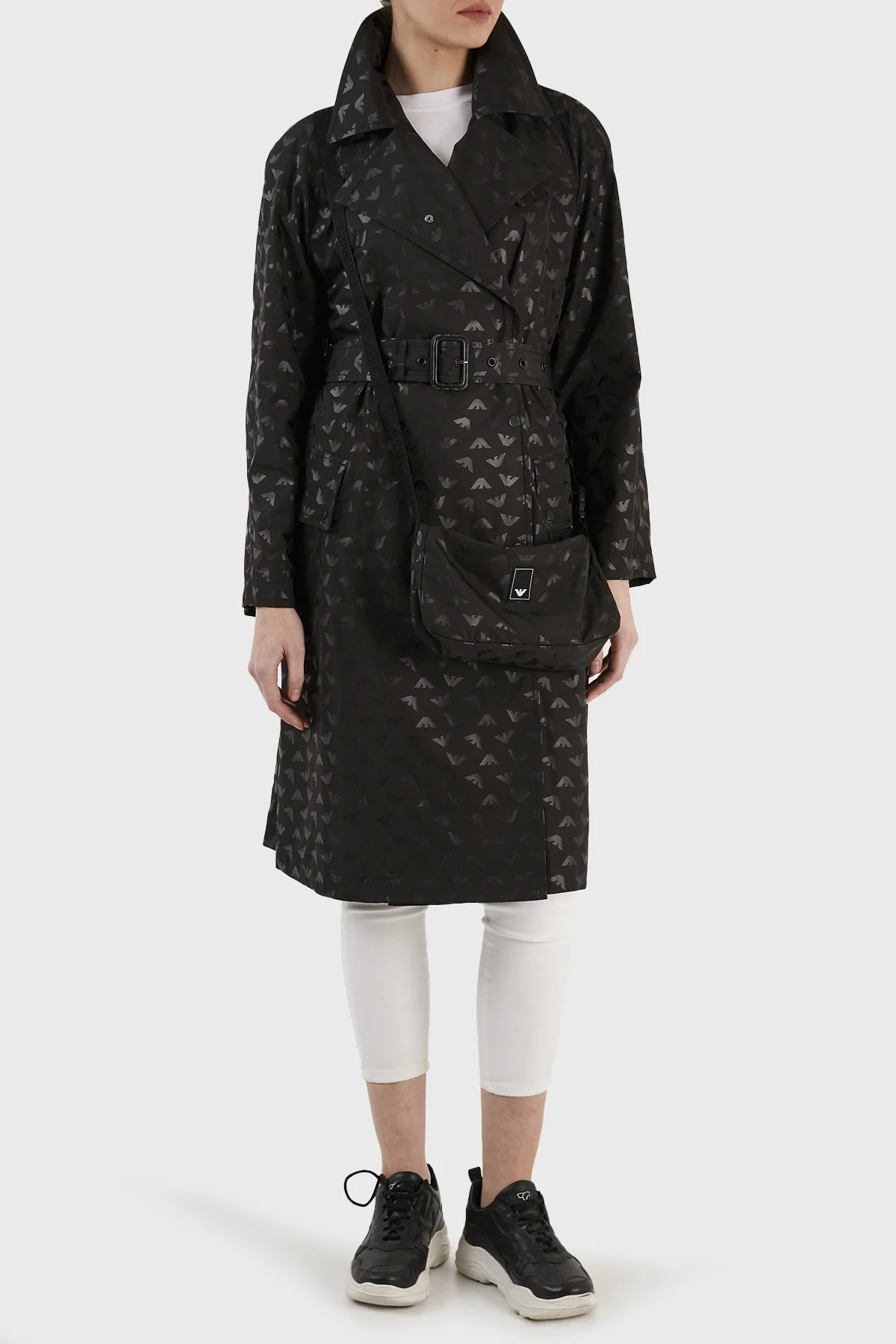 Emporio Armani Desenli Kruvaze Yaka Çantalı Bayan Trençkot 3R2L62 2NKZZ F015 SİYAH - 2