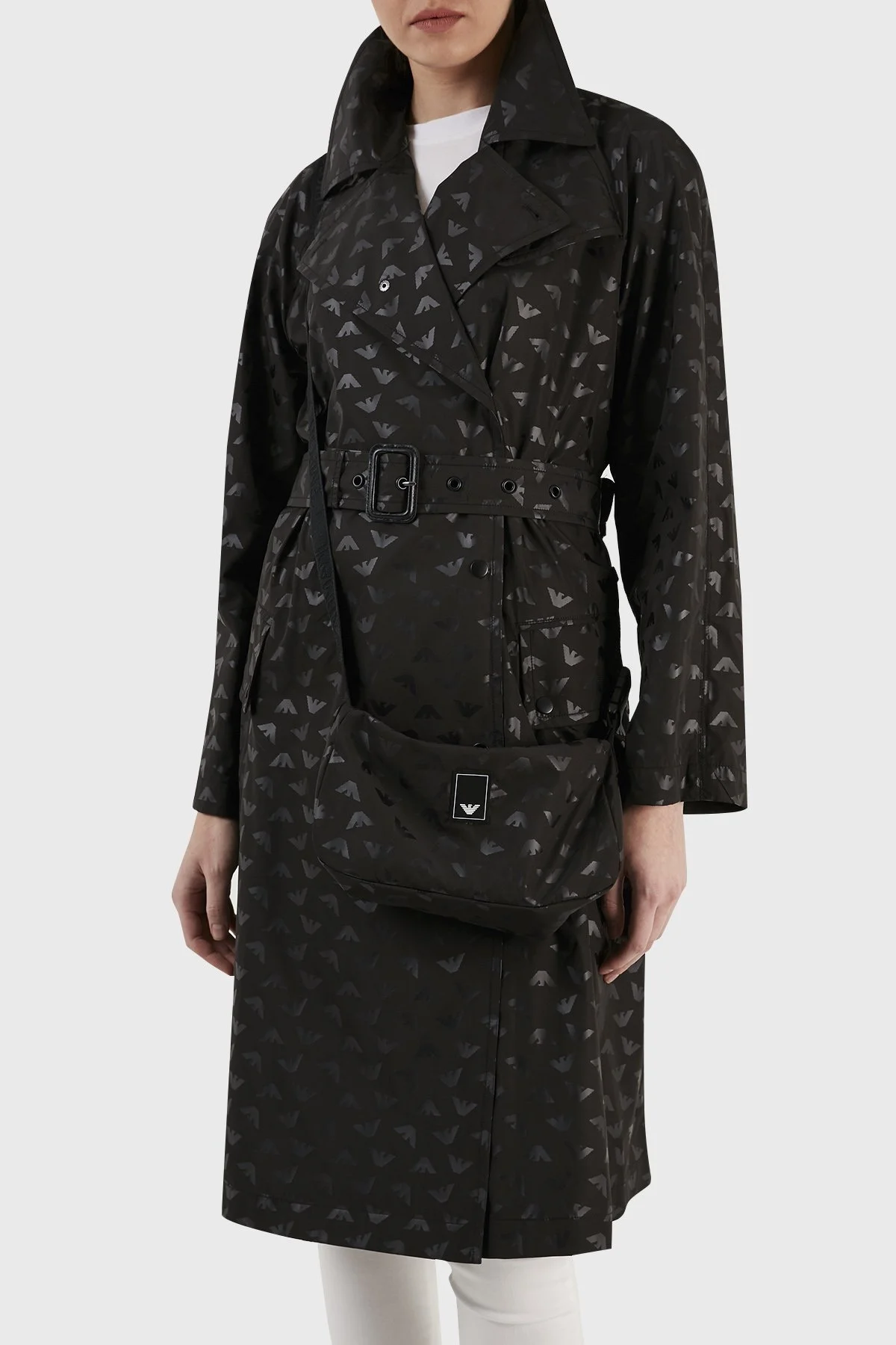 Emporio Armani Desenli Kruvaze Yaka Çantalı Bayan Trençkot 3R2L62 2NKZZ F015 SİYAH - 3