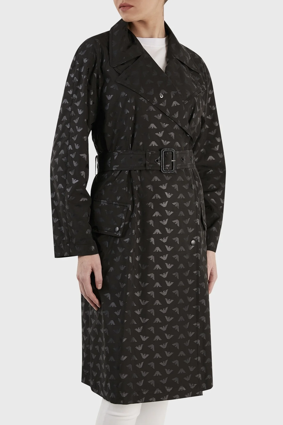 Emporio Armani Desenli Kruvaze Yaka Çantalı Bayan Trençkot 3R2L62 2NKZZ F015 SİYAH - 4