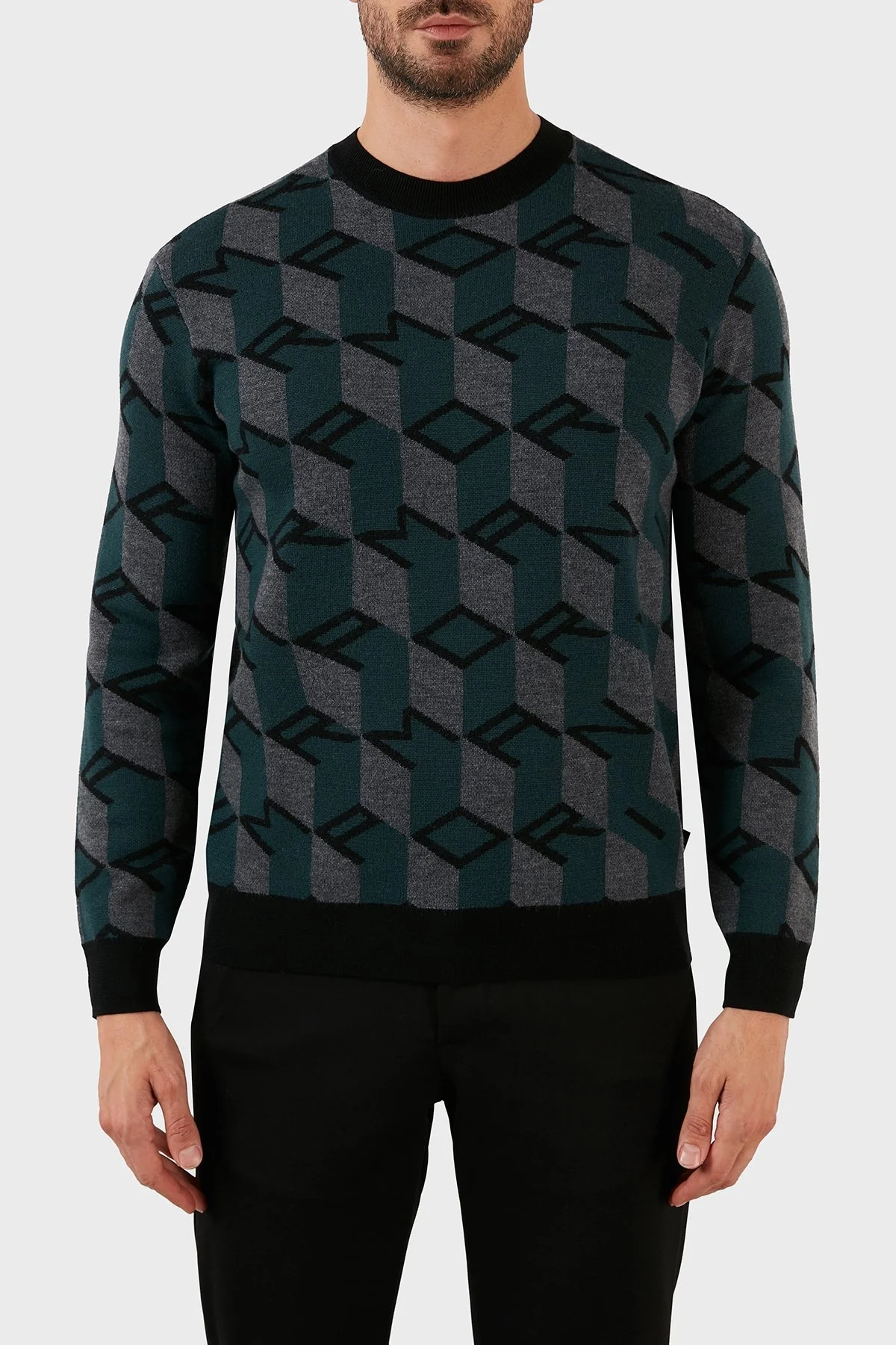 Emporio Armani Desenli Regular Fit Bisiklet Yaka % 100 Yün Erkek Kazak 6L1MXX 1MCQZ F023 SİYAH - 1