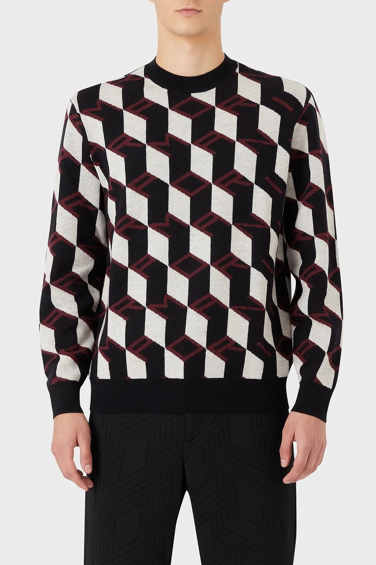 Emporio Armani Desenli Regular Fit Bisiklet Yaka % 100 Yün Erkek Kazak 6L1MXX 1MCQZ F318 BORDO - 1