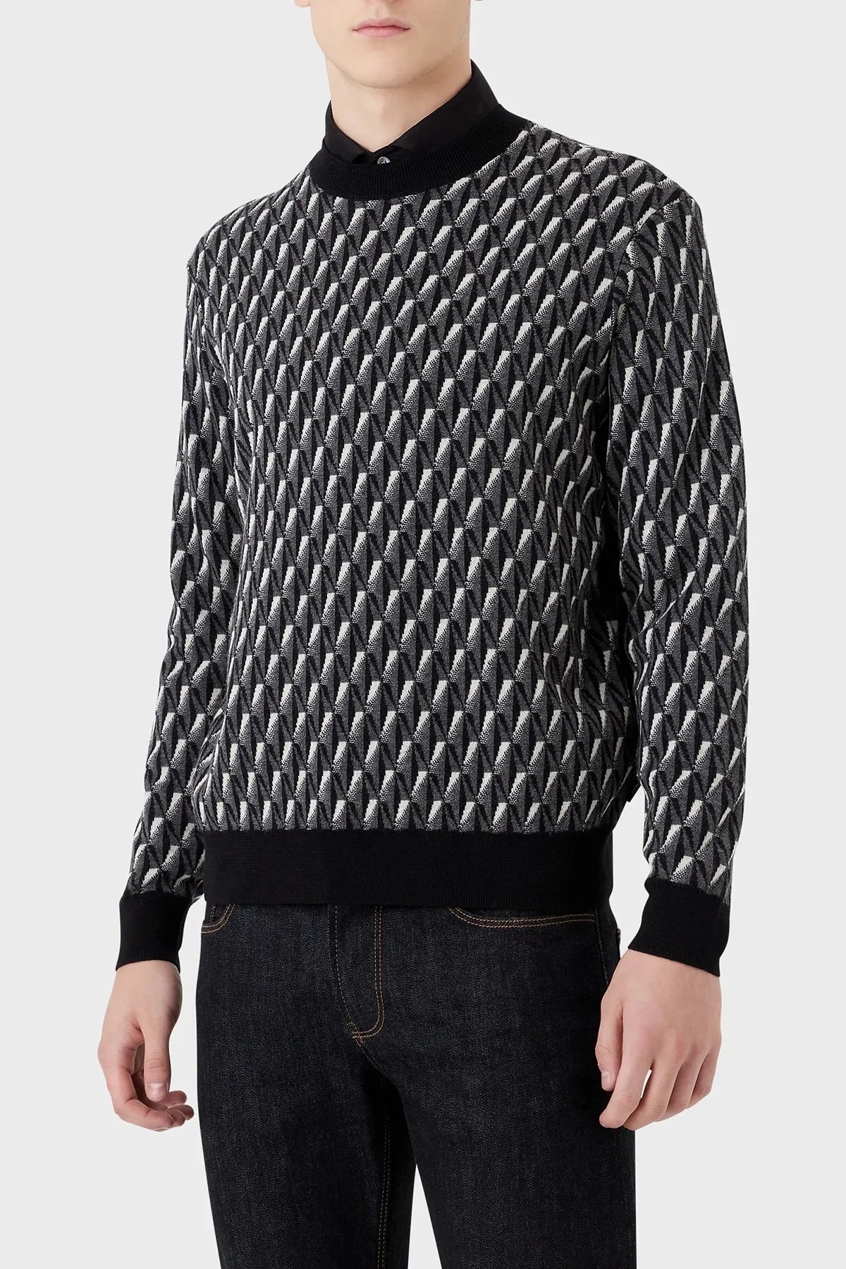 Emporio Armani Desenli Regular Fit Bisiklet Yaka % 100 Yün Erkek Kazak 6L1MXX 1MCQZ F633 GRİ - 1