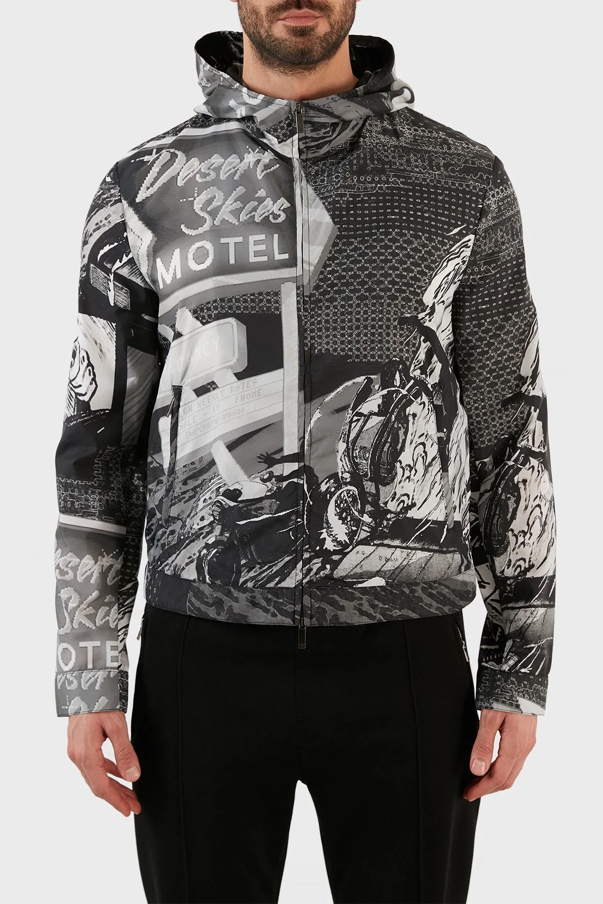 Emporio Armani Desenli Suya Dayanıklı Kapüşonlu Erkek Mont I1R410 I1018 991 GRİ - 1
