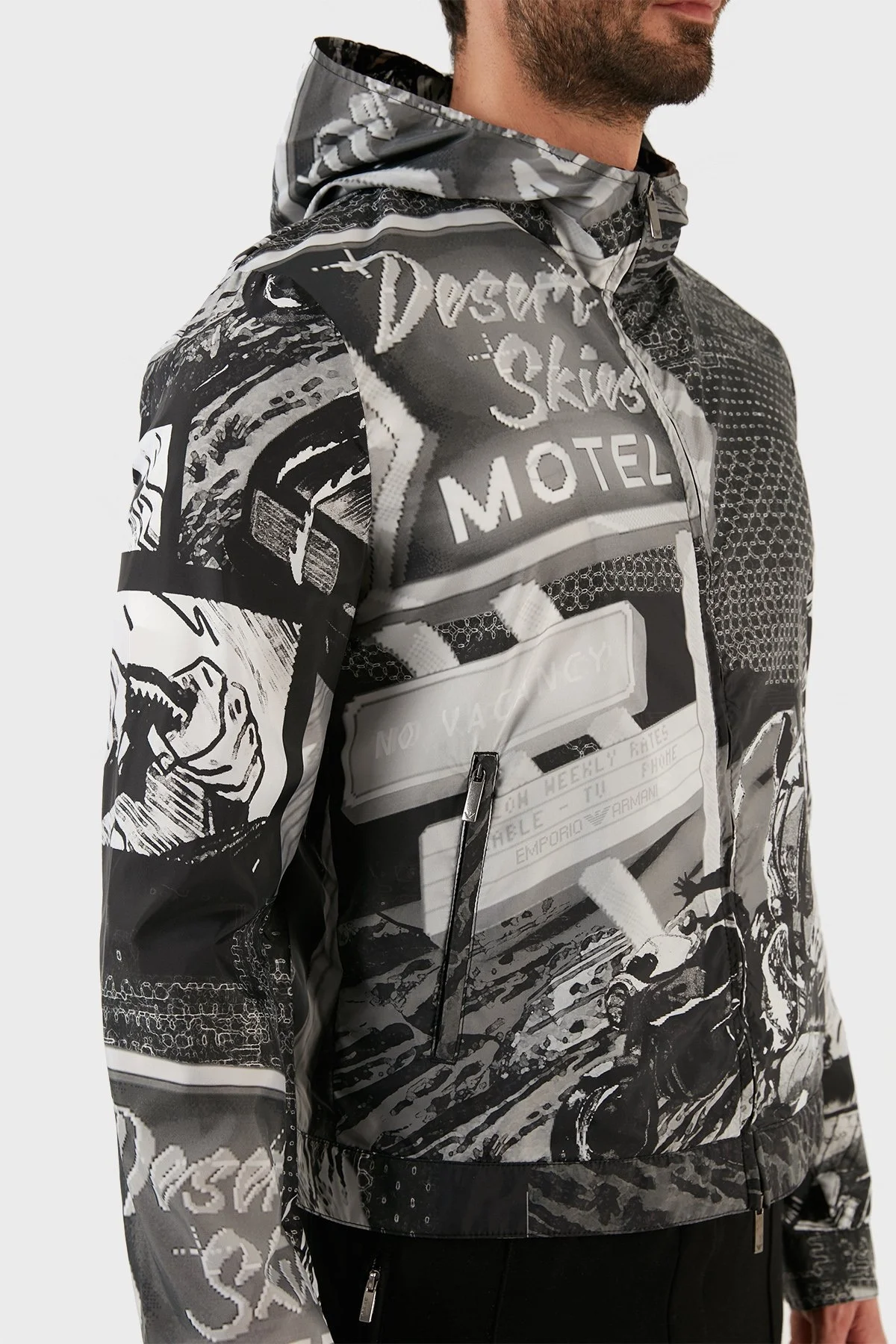 Emporio Armani Desenli Suya Dayanıklı Kapüşonlu Erkek Mont I1R410 I1018 991 GRİ - 3