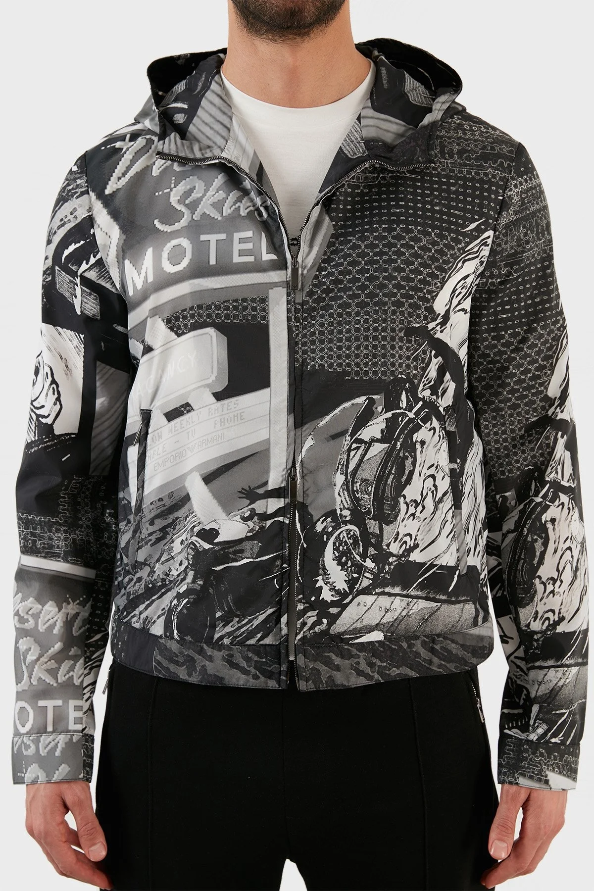 Emporio Armani Desenli Suya Dayanıklı Kapüşonlu Erkek Mont I1R410 I1018 991 GRİ - 4