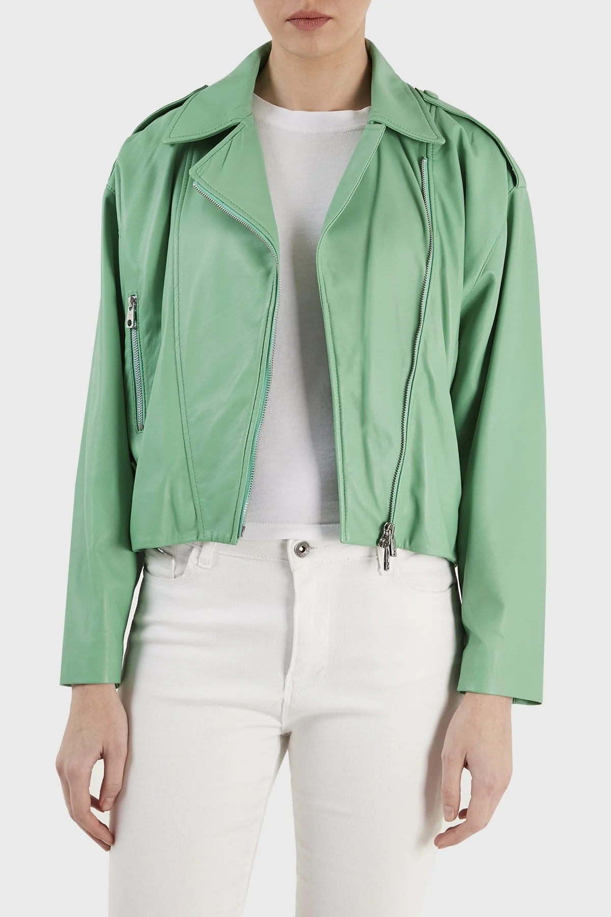 Emporio Armani Düşük Omuz Fermuarlı Hakiki Bayan Deri Ceket D4NB64 D2P71 504 YEŞİL - 1