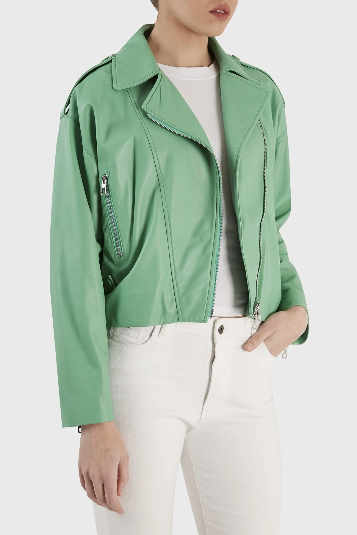 Emporio Armani Düşük Omuz Fermuarlı Hakiki Bayan Deri Ceket D4NB64 D2P71 504 YEŞİL - 2