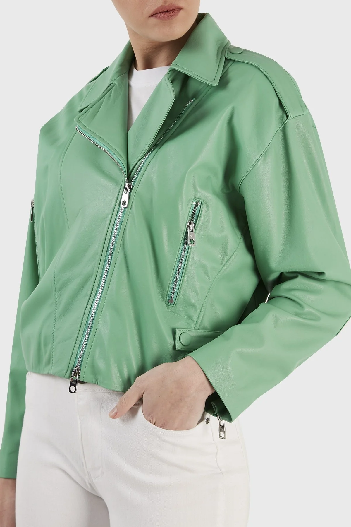 Emporio Armani Düşük Omuz Fermuarlı Hakiki Bayan Deri Ceket D4NB64 D2P71 504 YEŞİL - 3