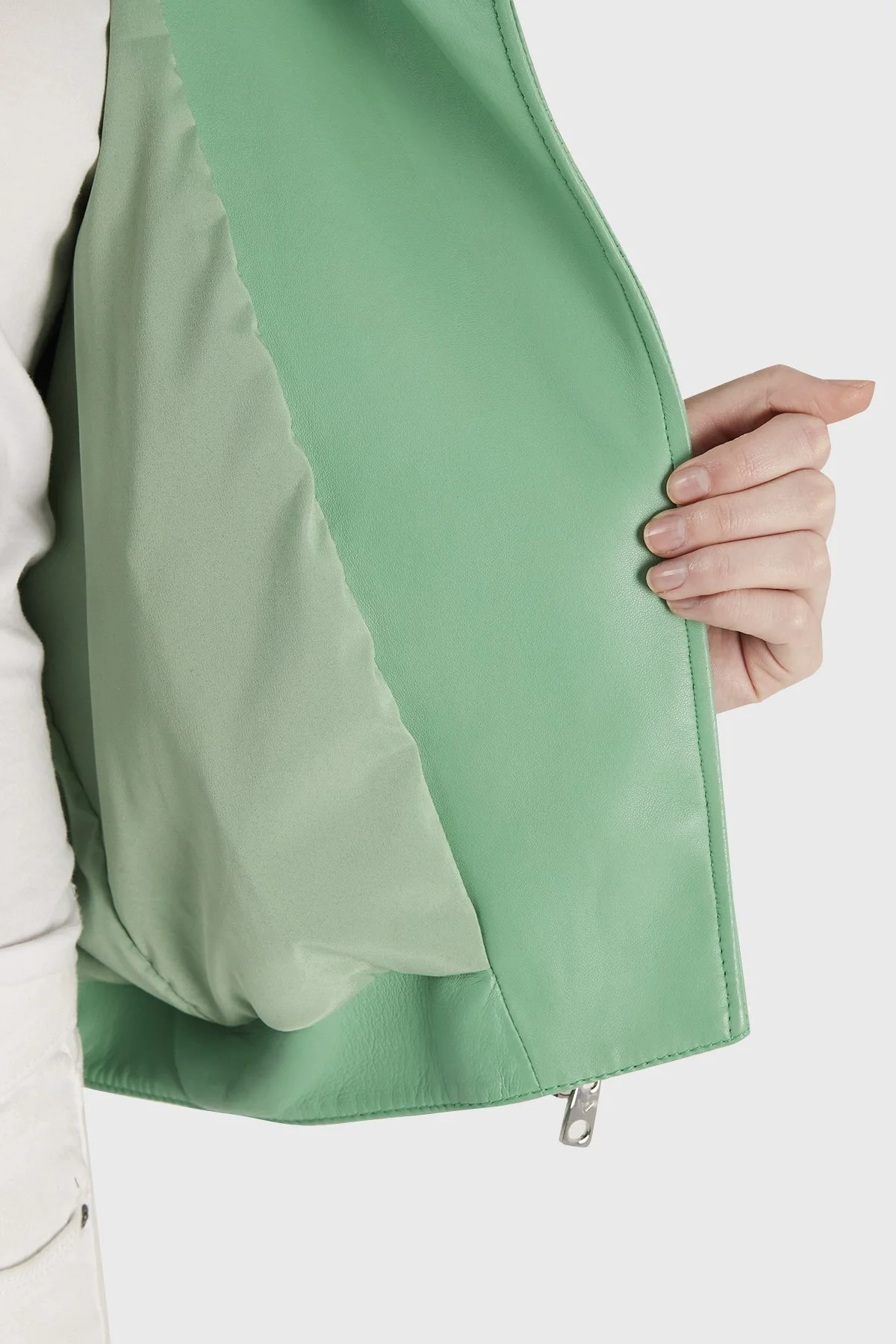 Emporio Armani Düşük Omuz Fermuarlı Hakiki Bayan Deri Ceket D4NB64 D2P71 504 YEŞİL - 5