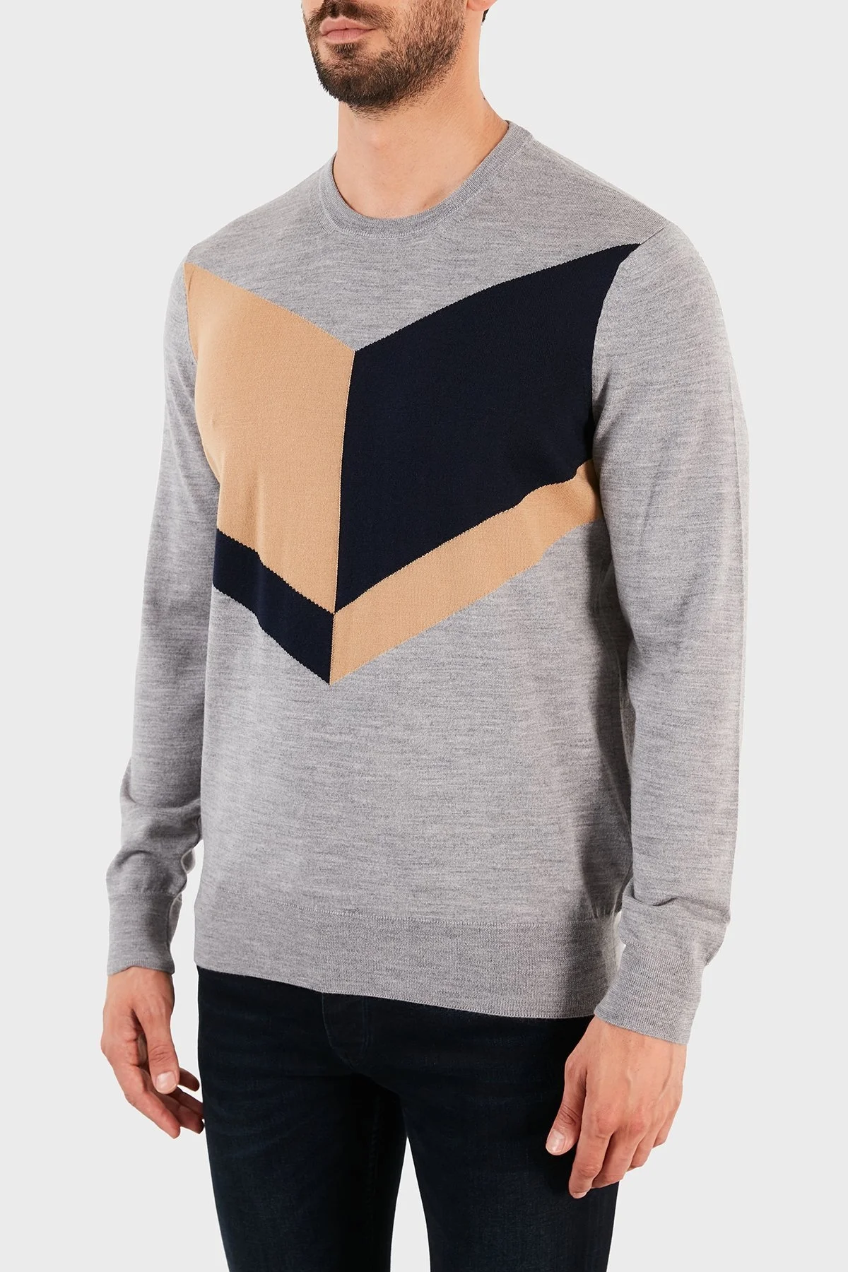 Emporio Armani Bisiklet Yaka % 100 Yün Erkek Kazak 6K1MV9 1M11Z 0627 GRİ-LACİVERT - 2