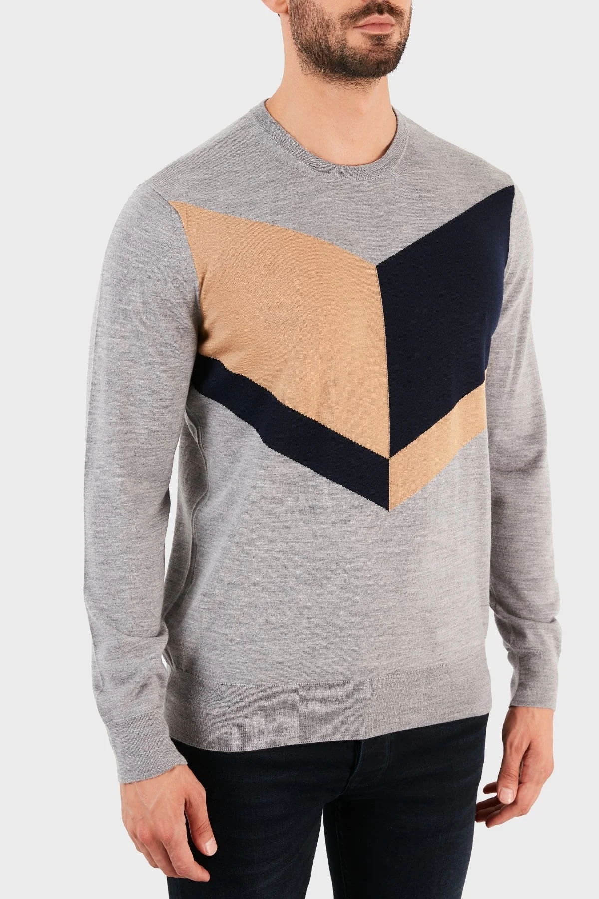 Emporio Armani Bisiklet Yaka % 100 Yün Erkek Kazak 6K1MV9 1M11Z 0627 GRİ-LACİVERT - 4