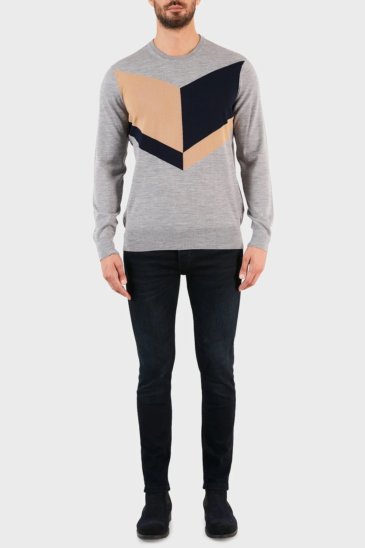 Emporio Armani Bisiklet Yaka % 100 Yün Erkek Kazak 6K1MV9 1M11Z 0627 GRİ-LACİVERT - 5