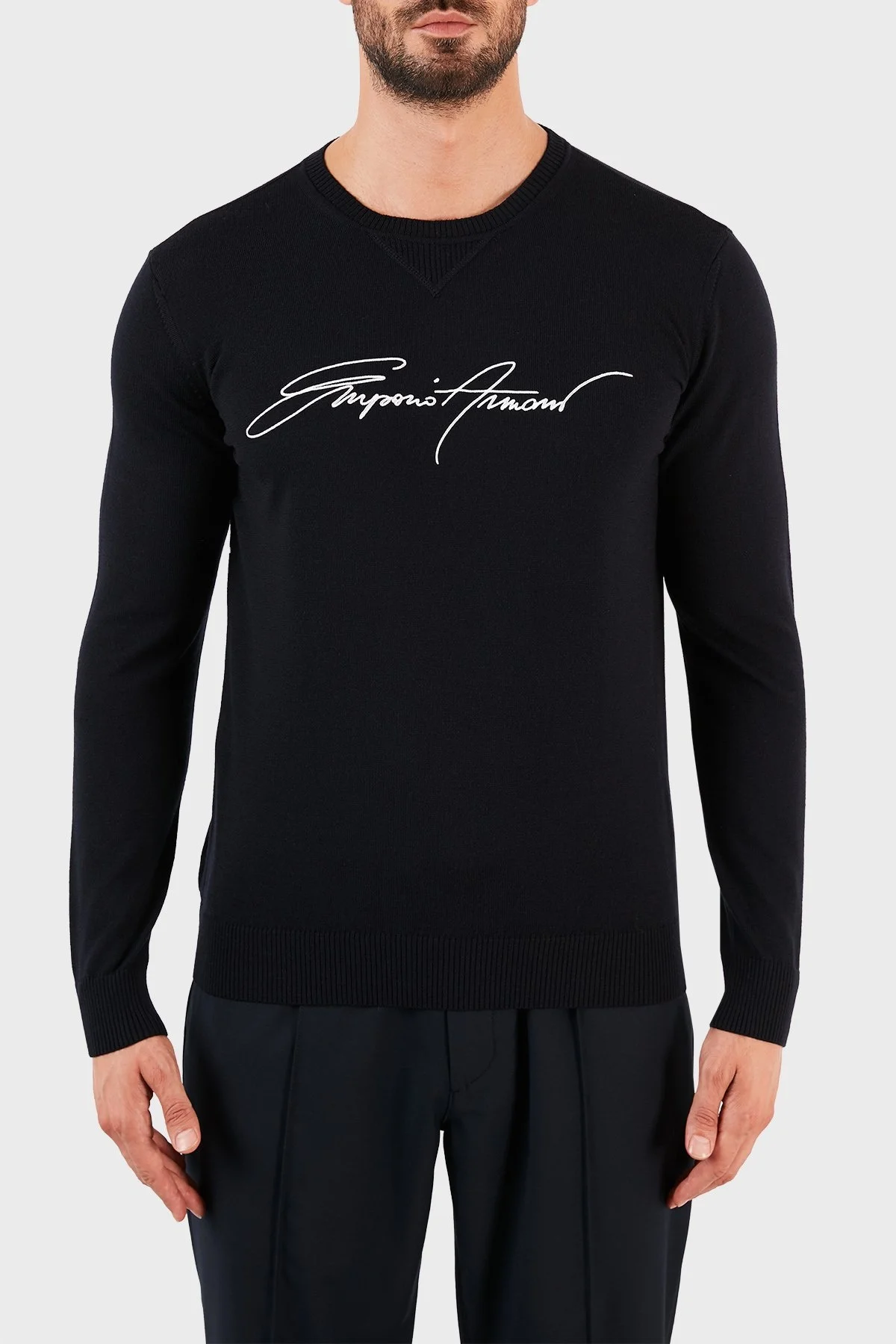 Emporio Armani Baskılı Bisiklet Yaka % 100 Yün Erkek Kazak S 3K1MXB 1MDBZ 0920 LACİVERT - 1