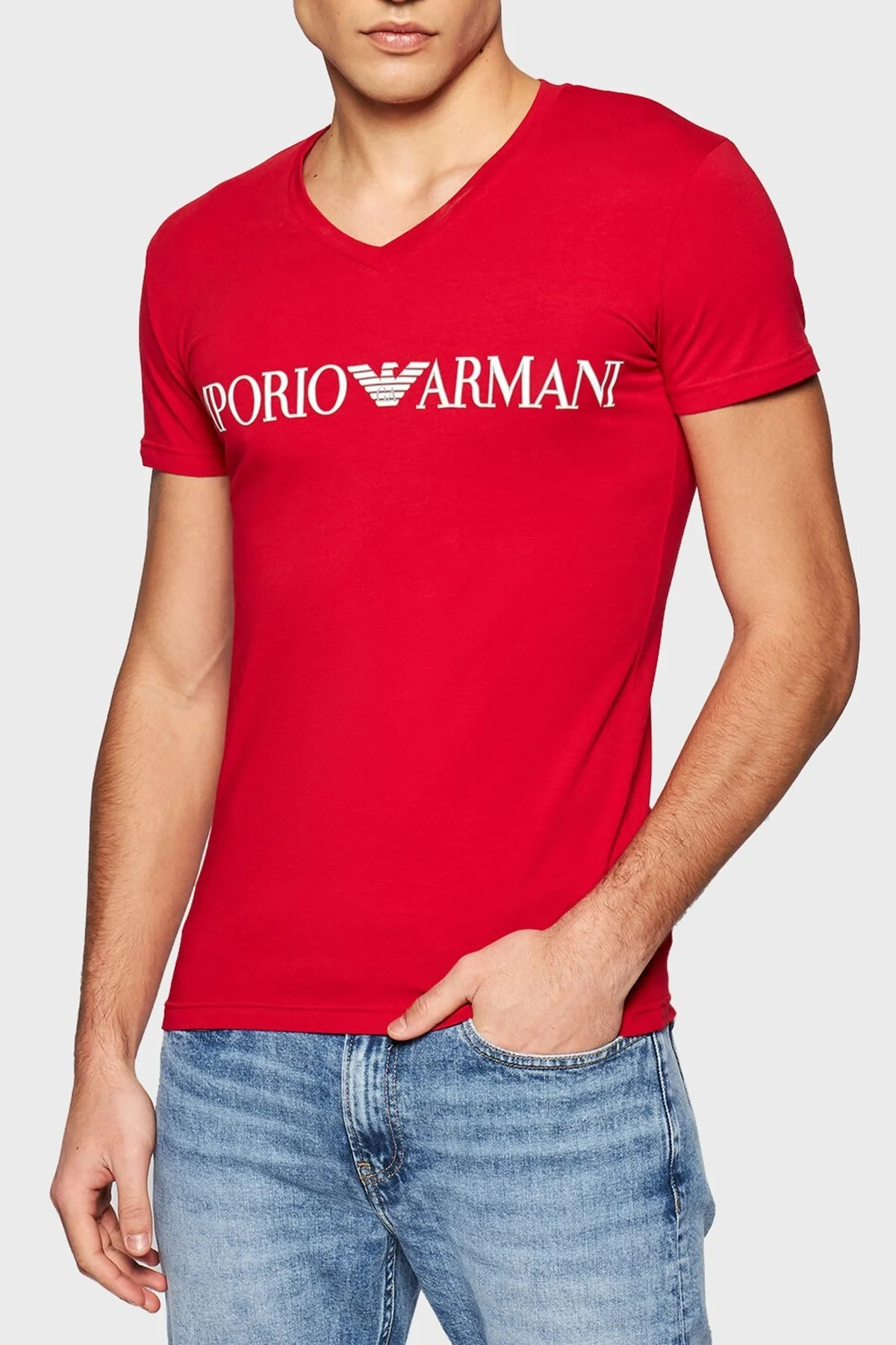 Emporio Armani Baskılı V Yaka Pamuklu Erkek T Shirt S 110810 1P516 06574 KIRMIZI - 1