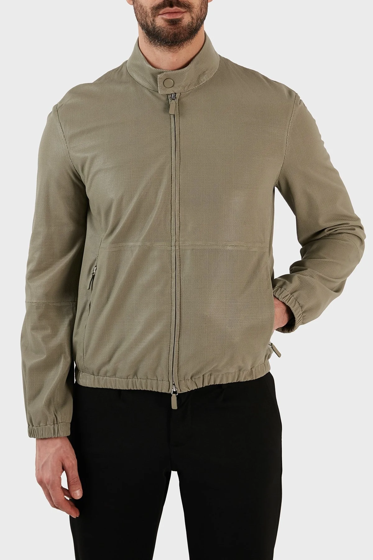 Emporio Armani Fermuarlı Dik Yaka Hakiki Deri Spor Erkek Ceket D41R86 D1P86 618 AÇIK YEŞİL - 1