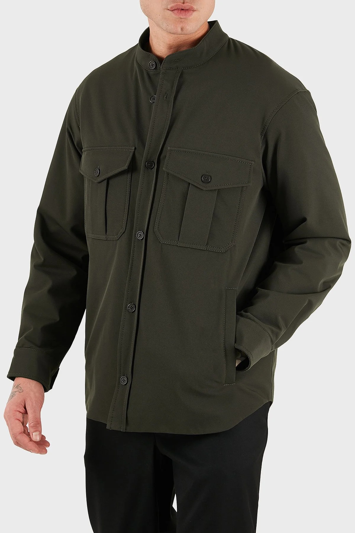 Emporio Armani Göğüs Cep Detaylı Comfort Fit Dik Yaka Düğmeli Erkek Ceket EM003695 AF18502 U8120 HAKİ - 6